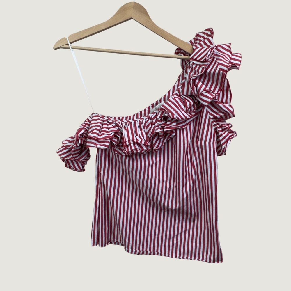 Petersyn One Shoulder Ruffle Blouse Size Small Red White Striped Preppy Nautical